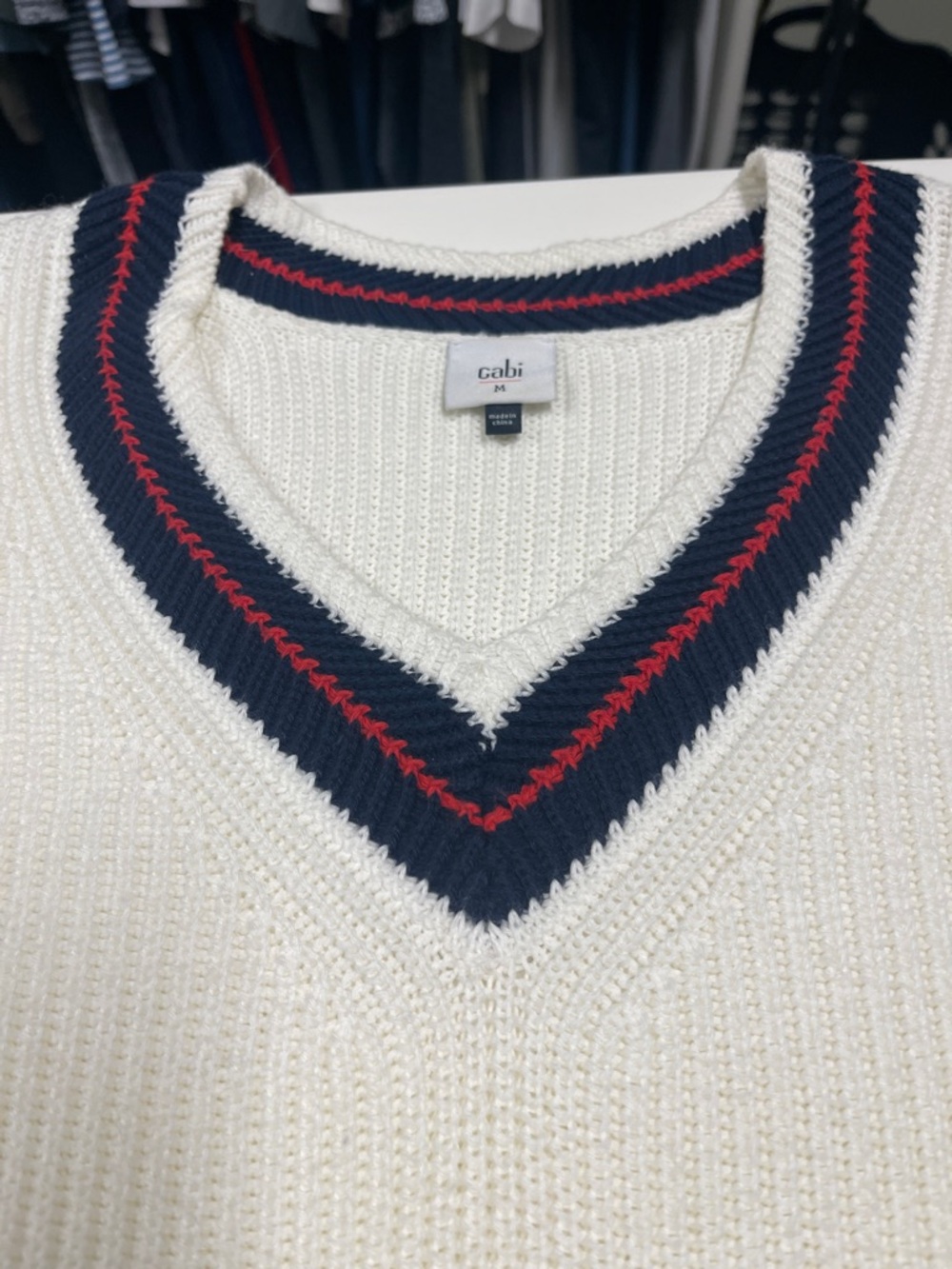 Cabi tennis V-Neck Sweater with Navy & Red Stripe